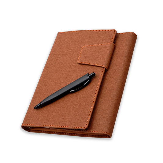 Brown Faux Leather Business Journal, Magnetic flap closure with sleek metal accessory