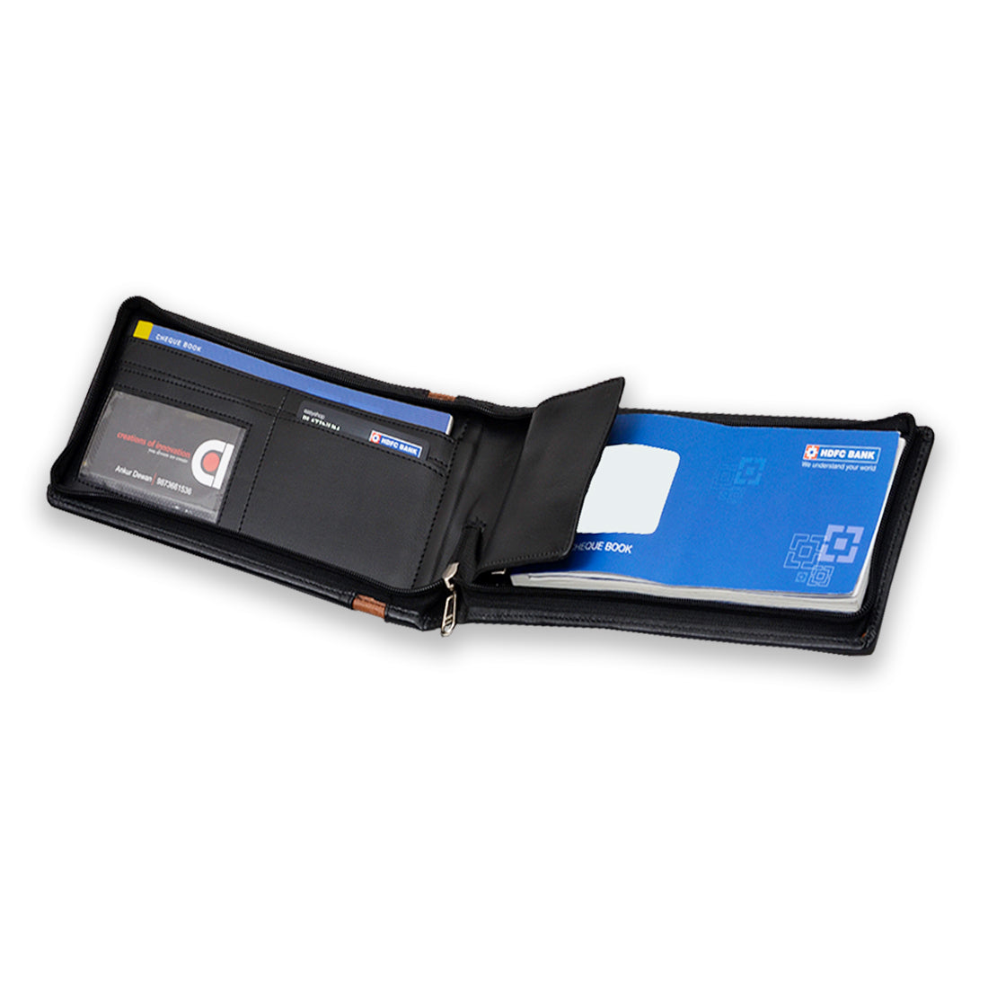 Black with Brown stripe All in ONE Expendable Faux Leather Cheque Book Holder - Document Holder