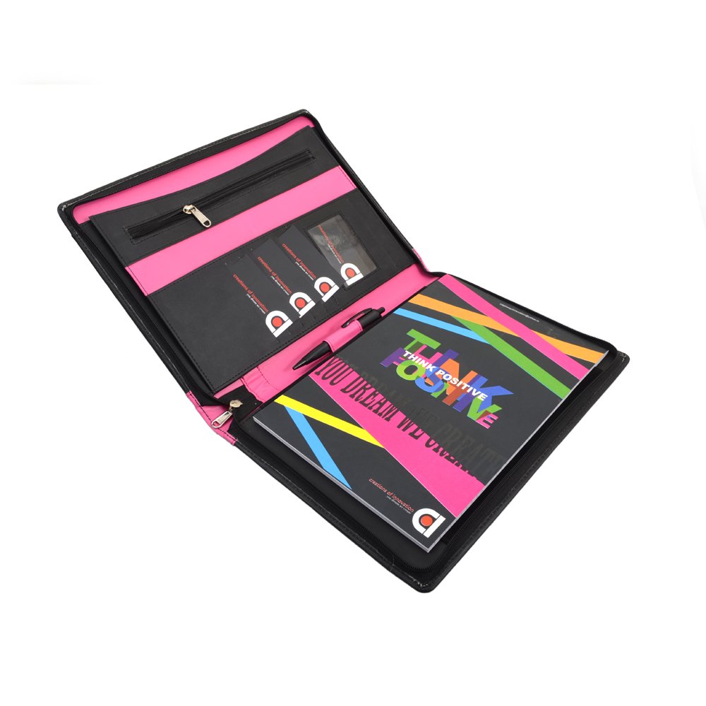 LEATHERITE BRIEFCASE FOLDER / DOCUMENT FOLDER (Black And Pink)