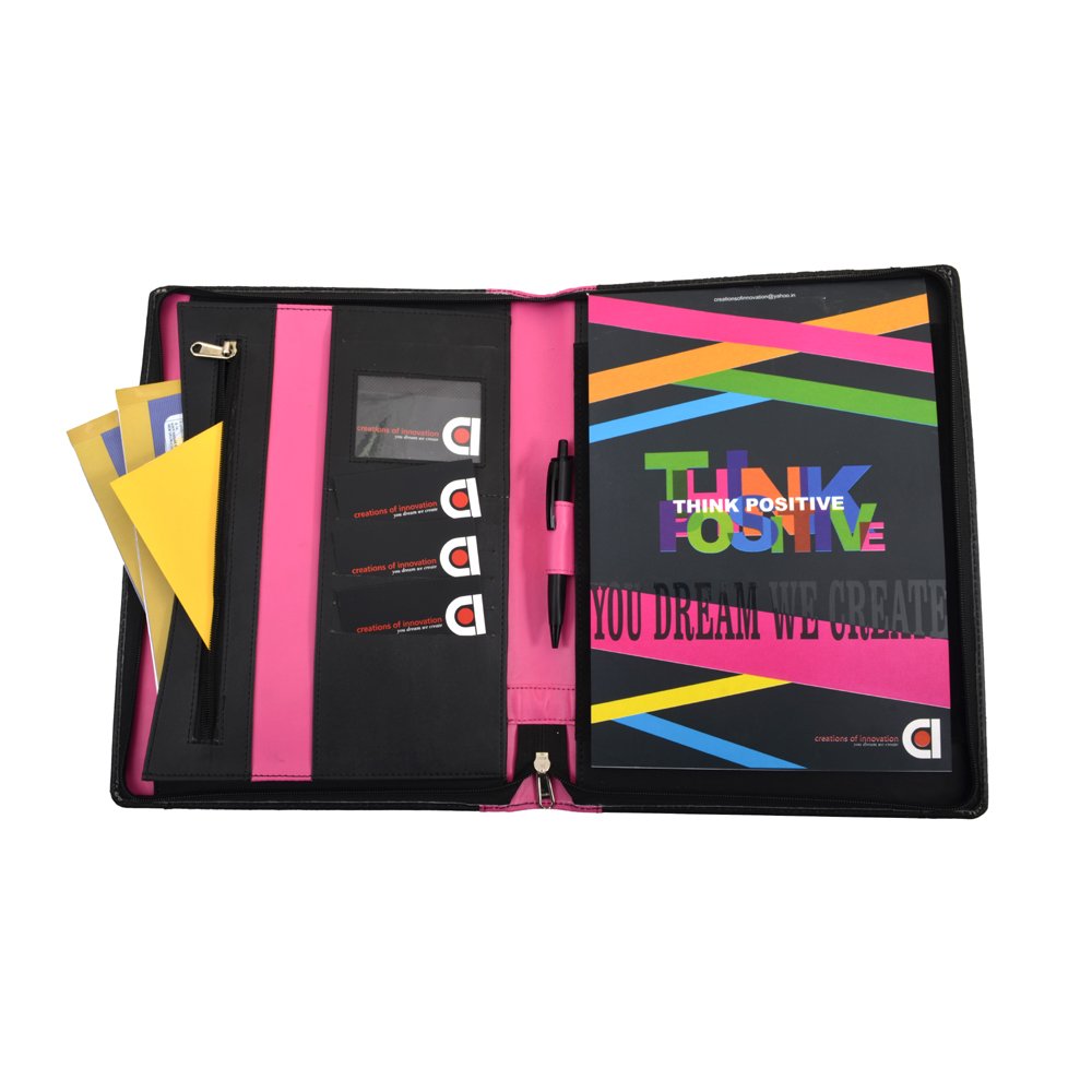 LEATHERITE BRIEFCASE FOLDER / DOCUMENT FOLDER (Black And Pink)