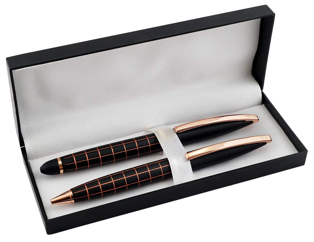 Rose Gold Black Pen Set with Blue Ink and Executive Use Roller and Ball Point Pen (Set of 2 Pens)