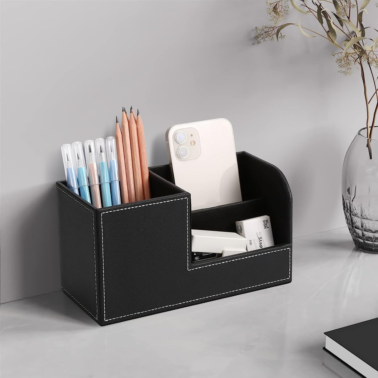 Black Faux Leather Desk Supplies Organizer, Multi-Functional Pen, Pencil Desktop Stationery Organiser, Home, Office, Work, Storage Box…