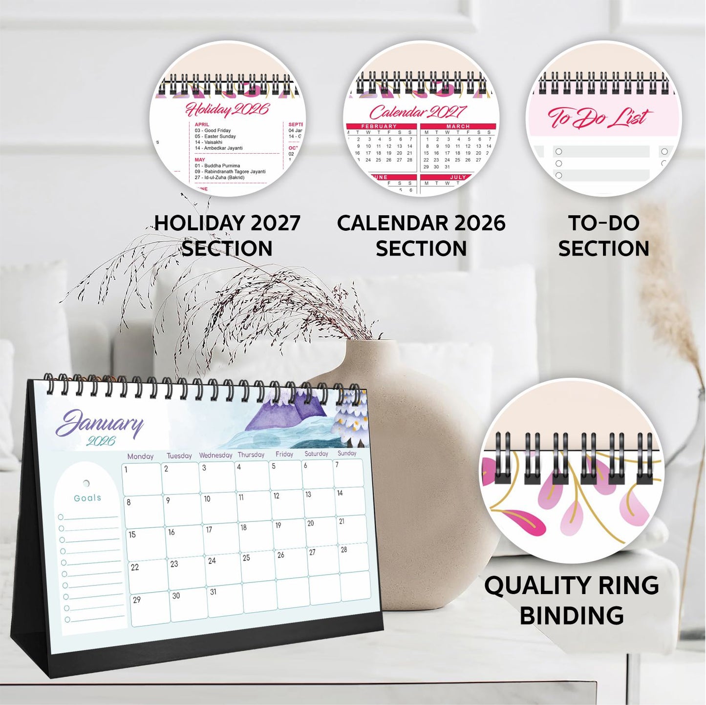 2026 Table Calendar | Desk Calendar for Office & Home | 12-Month Planner from January to December 2026 | Premium 300 GSM Paper | 5" x 8.25" Compact Desktop Calendar