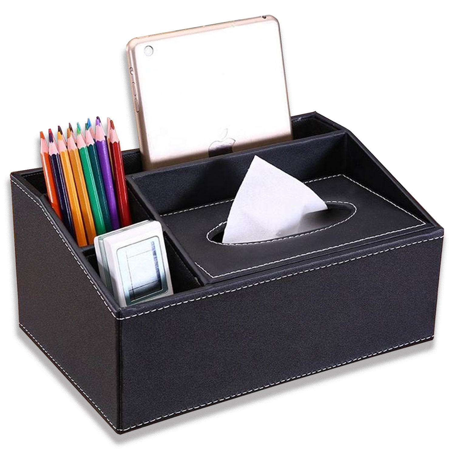 Multifunctional Tissue Box Holder with Stationery , Remote Control Box - Stylish and elegant Home, Office Napkin Desktop Holder , Desk Storage( Black)