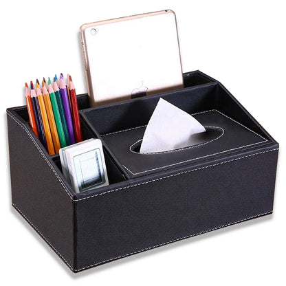 Multifunctional Tissue Box Holder with Stationery , Remote Control Box - Stylish and elegant Home, Office Napkin Desktop Holder , Desk Storage( Black)