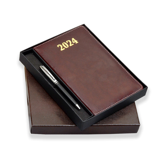 Brown Dated Gift Set Diary Corporate 2024 Business Diary Unique Planner and Professional Organizer New Year Gift for Men & Women with pen
