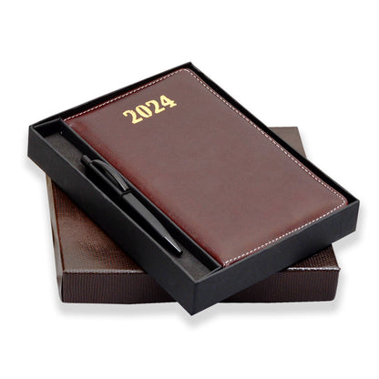 Brown Stylish Dated Diary Gift Set Corporate Business Diary / Organizer Planner 2024 Gift For Man And Woman with pen.
