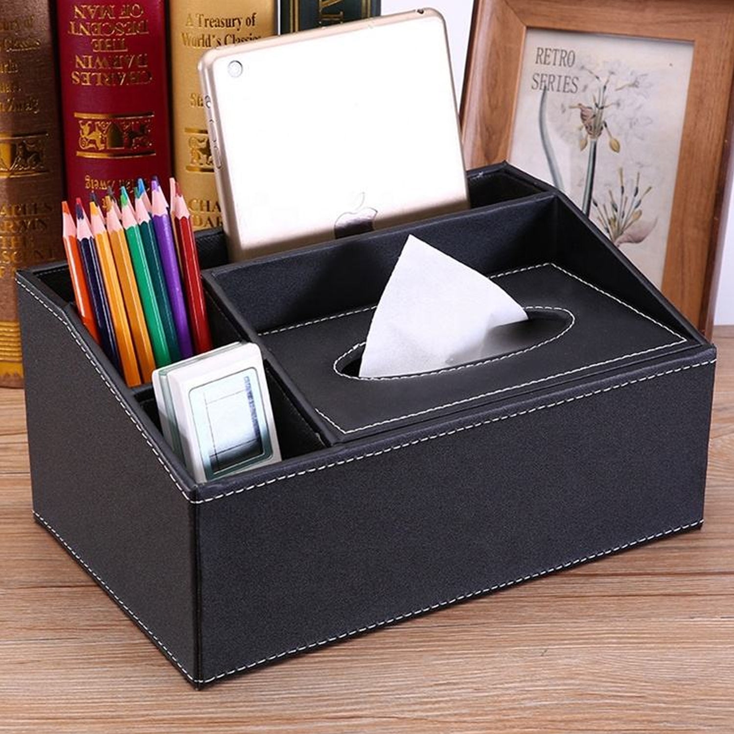 Multifunctional Tissue Box Holder with Stationery , Remote Control Box - Stylish and elegant Home, Office Napkin Desktop Holder , Desk Storage( Black)