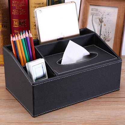 Multifunctional Tissue Box Holder with Stationery , Remote Control Box - Stylish and elegant Home, Office Napkin Desktop Holder , Desk Storage( Black)