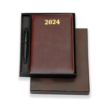 Brown Stylish Dated Diary Gift Set Corporate Business Diary / Organizer Planner 2024 Gift For Man And Woman with pen.