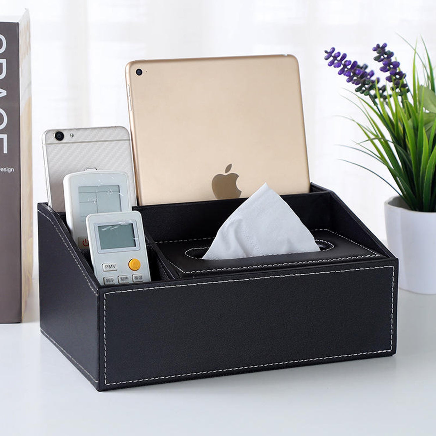 Multifunctional Tissue Box Holder with Stationery , Remote Control Box - Stylish and elegant Home, Office Napkin Desktop Holder , Desk Storage( Black)