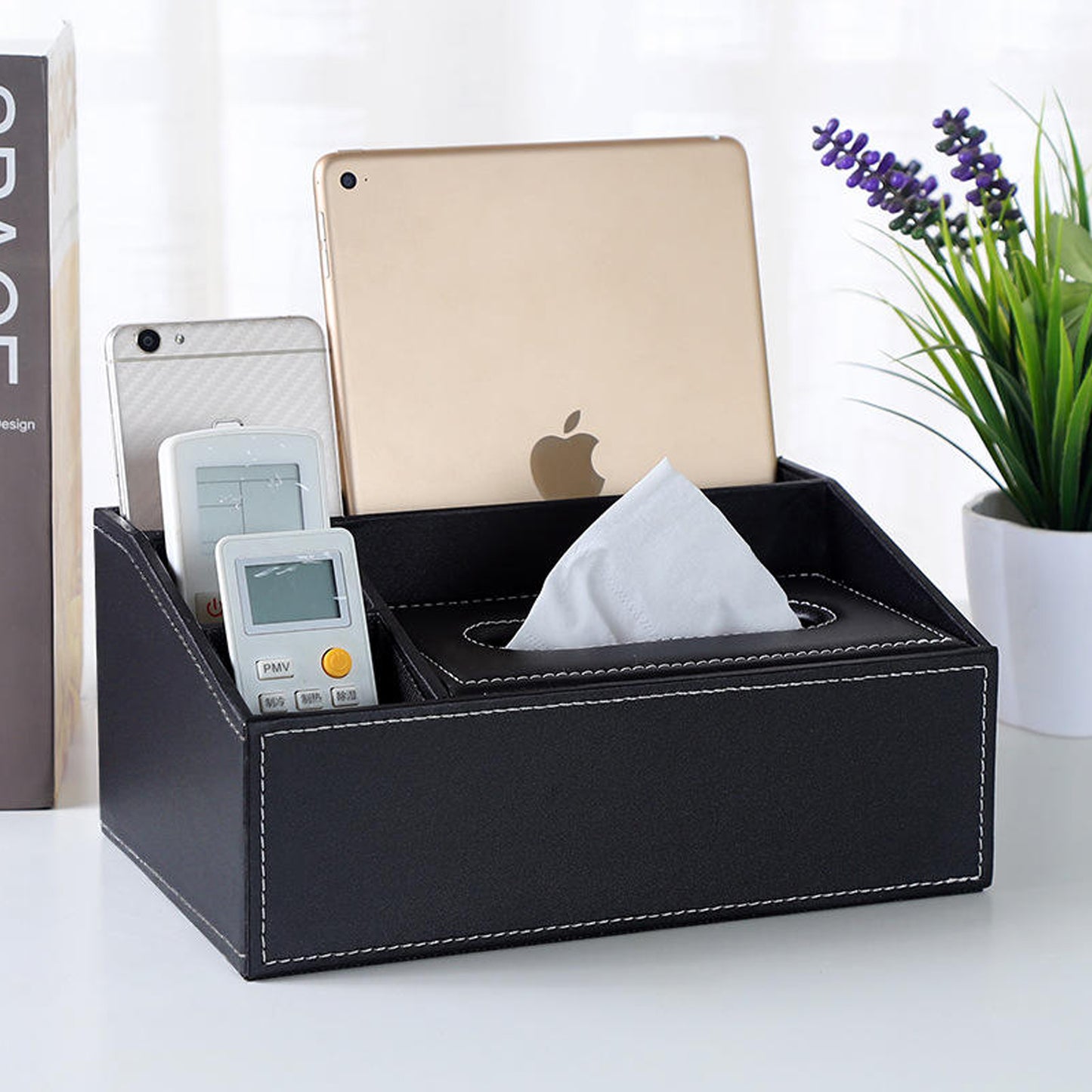 Multifunctional Tissue Box Holder with Stationery , Remote Control Box - Stylish and elegant Home, Office Napkin Desktop Holder , Desk Storage( Black)