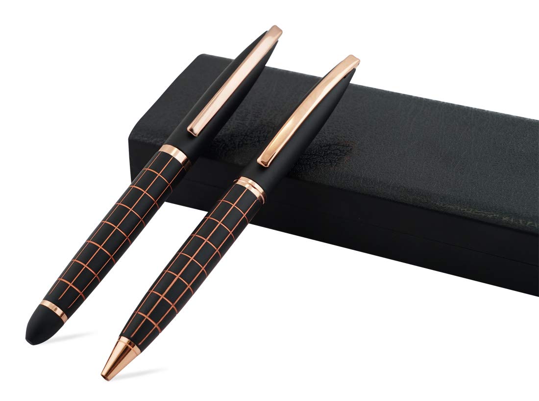 Rose Gold Black Pen Set with Blue Ink and Executive Use Roller and Ball Point Pen (Set of 2 Pens)