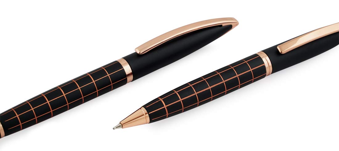 Rose Gold Black Pen Set with Blue Ink and Executive Use Roller and Ball Point Pen (Set of 2 Pens)