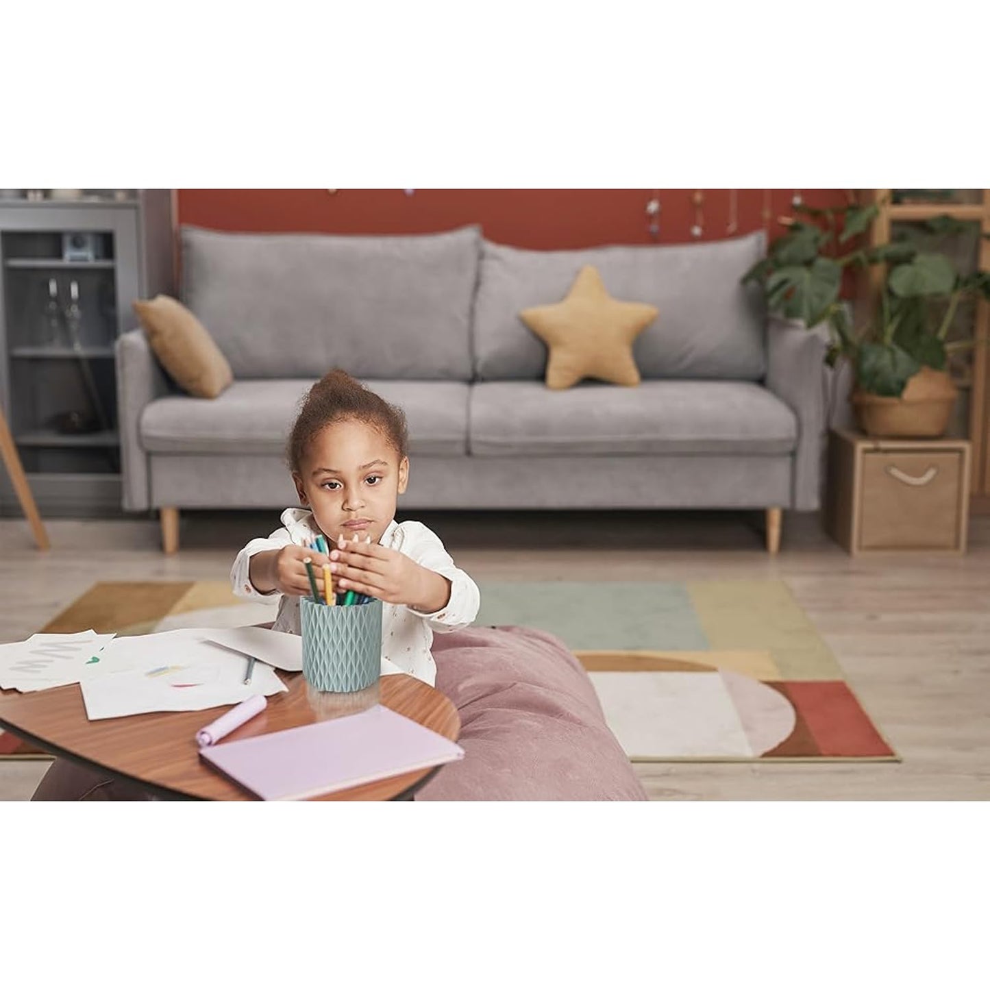 Blue Pen Holder for Desk, 360 Degree Rotating Desk Organizer with 5 Compartments, Pen Pencil Makeup Brush Holder, Cosmetics Lipsticks Pen Organizer for Home Office School