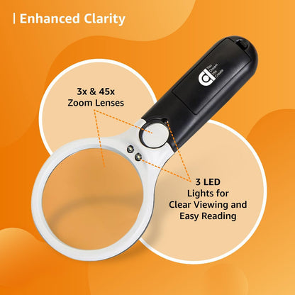 Magnifying Glass with 3 Led Light 3X & 45X Big Size Zoom Lenses for Seniors, Book and Newspaper Reading, Eyelash Extensions Magnifier Glass (Black and White)