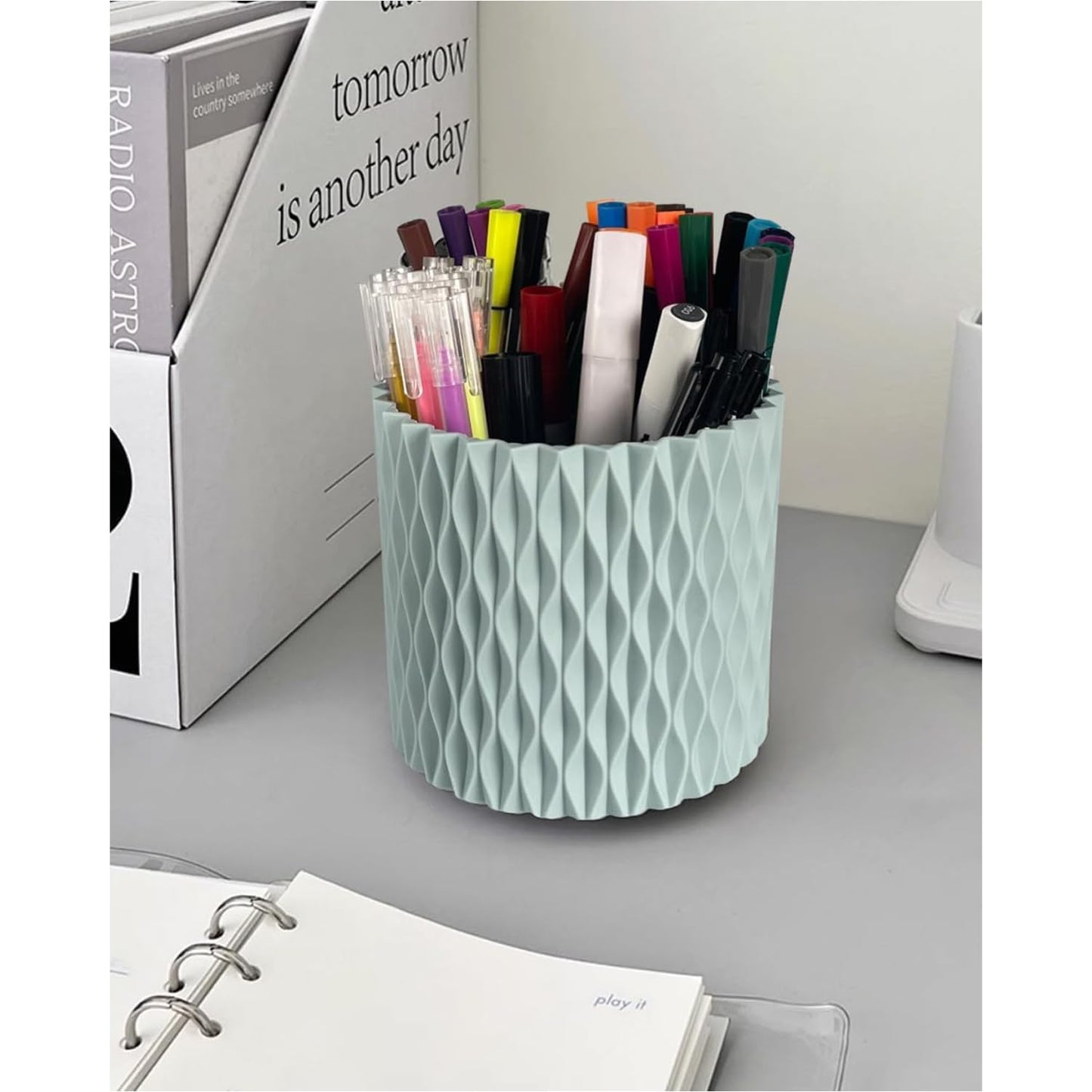 Blue Pen Holder for Desk, 360 Degree Rotating Desk Organizer with 5 Compartments, Pen Pencil Makeup Brush Holder, Cosmetics Lipsticks Pen Organizer for Home Office School