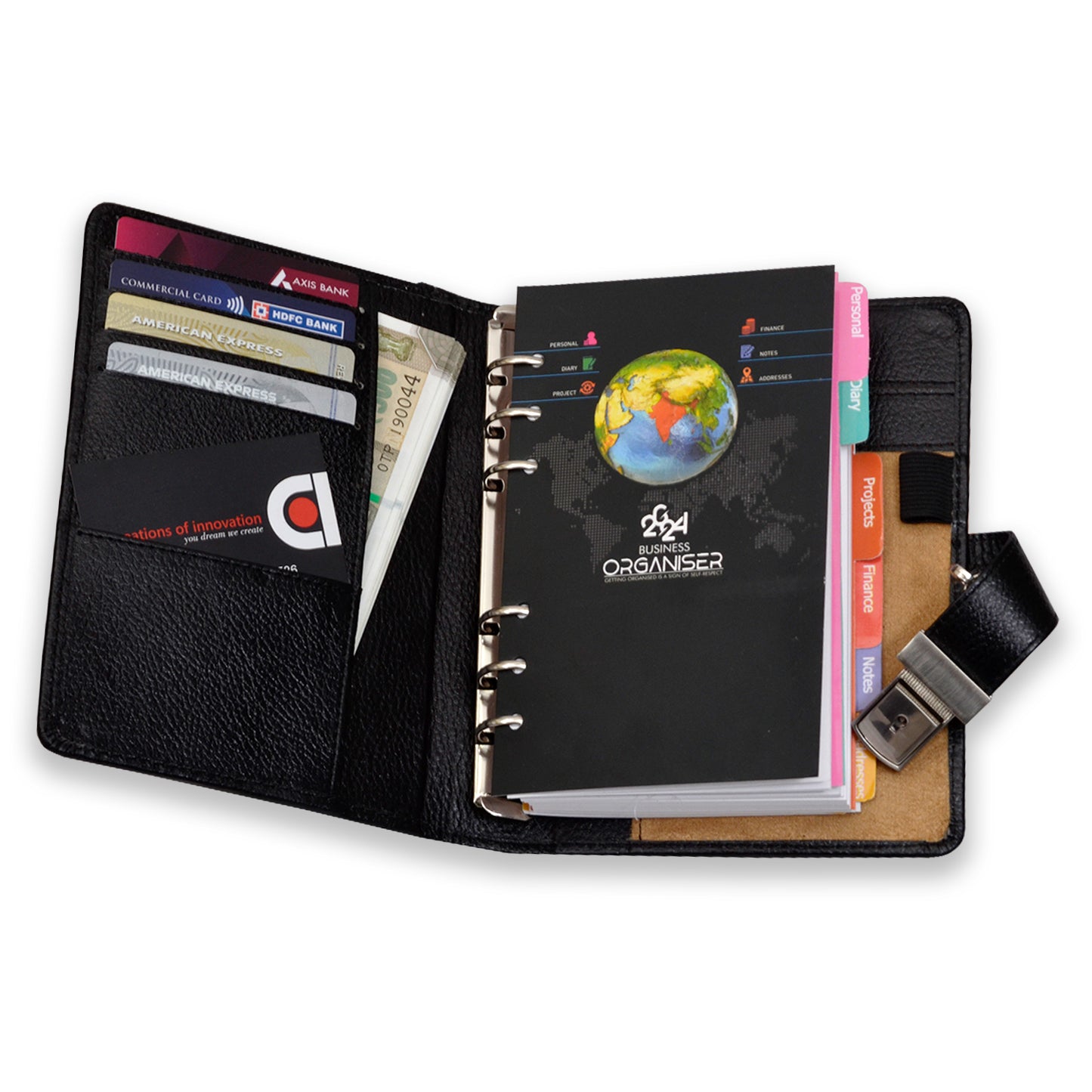 Black 2024 DATED ORGANIZER | Faux Leather New Year Diary, Stationery Organizer for Executive and Professional with pen