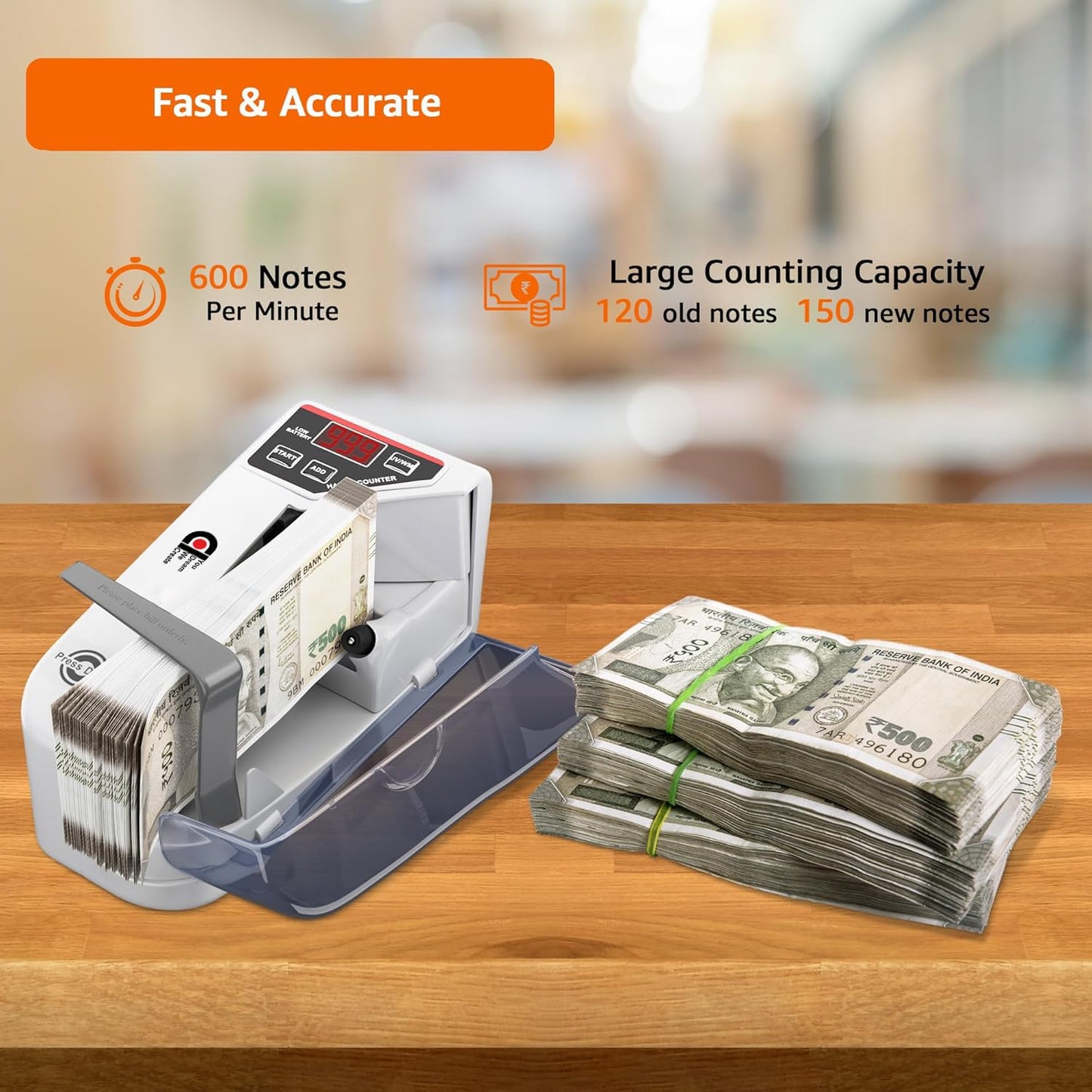 Portable LED Display Mini Note Counting Machine for Home, Office, Business | Indian Currency/Cash Counting Machine | UV/WM Function |Auto-shutoff | White