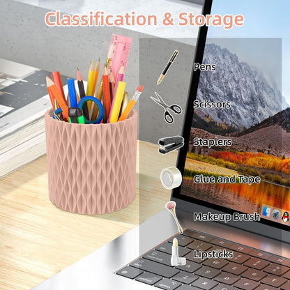 Pink Pen Holder for Desk, 360 Degree Rotating Desk Organizer with 5 Compartments, Pen Pencil Makeup Brush Holder, Cosmetics Lipsticks Pen Organizer for Home Office School