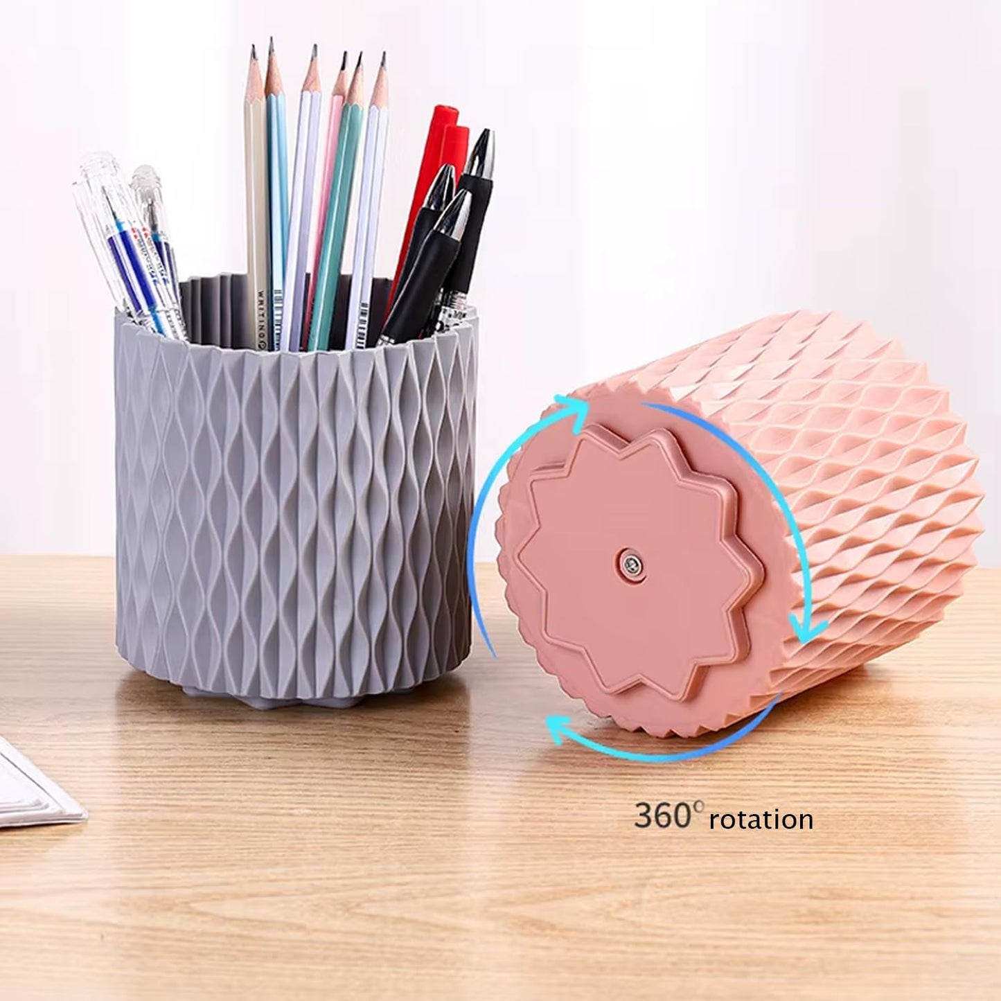 Blue Pen Holder for Desk, 360 Degree Rotating Desk Organizer with 5 Compartments, Pen Pencil Makeup Brush Holder, Cosmetics Lipsticks Pen Organizer for Home Office School