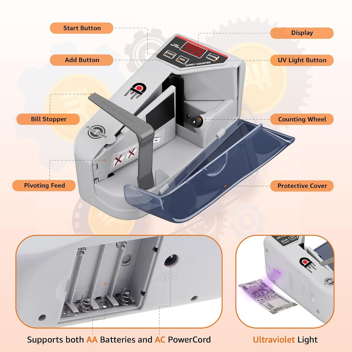 Portable LED Display Mini Note Counting Machine for Home, Office, Business | Indian Currency/Cash Counting Machine | UV/WM Function |Auto-shutoff | White