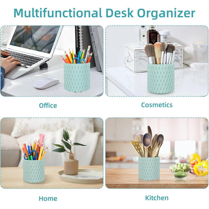 Blue Pen Holder for Desk, 360 Degree Rotating Desk Organizer with 5 Compartments, Pen Pencil Makeup Brush Holder, Cosmetics Lipsticks Pen Organizer for Home Office School