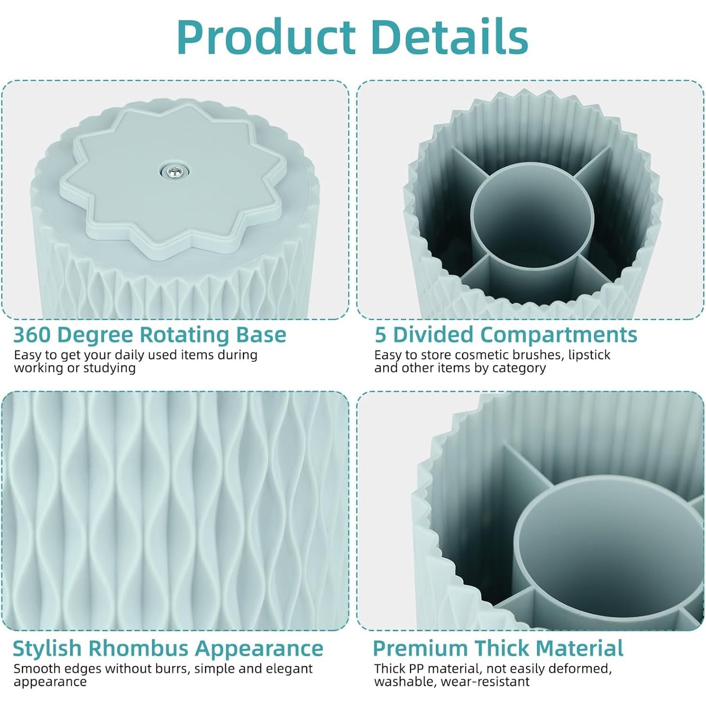 Blue Pen Holder for Desk, 360 Degree Rotating Desk Organizer with 5 Compartments, Pen Pencil Makeup Brush Holder, Cosmetics Lipsticks Pen Organizer for Home Office School