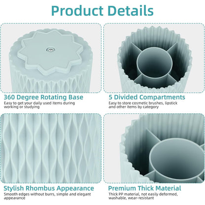 Blue Pen Holder for Desk, 360 Degree Rotating Desk Organizer with 5 Compartments, Pen Pencil Makeup Brush Holder, Cosmetics Lipsticks Pen Organizer for Home Office School