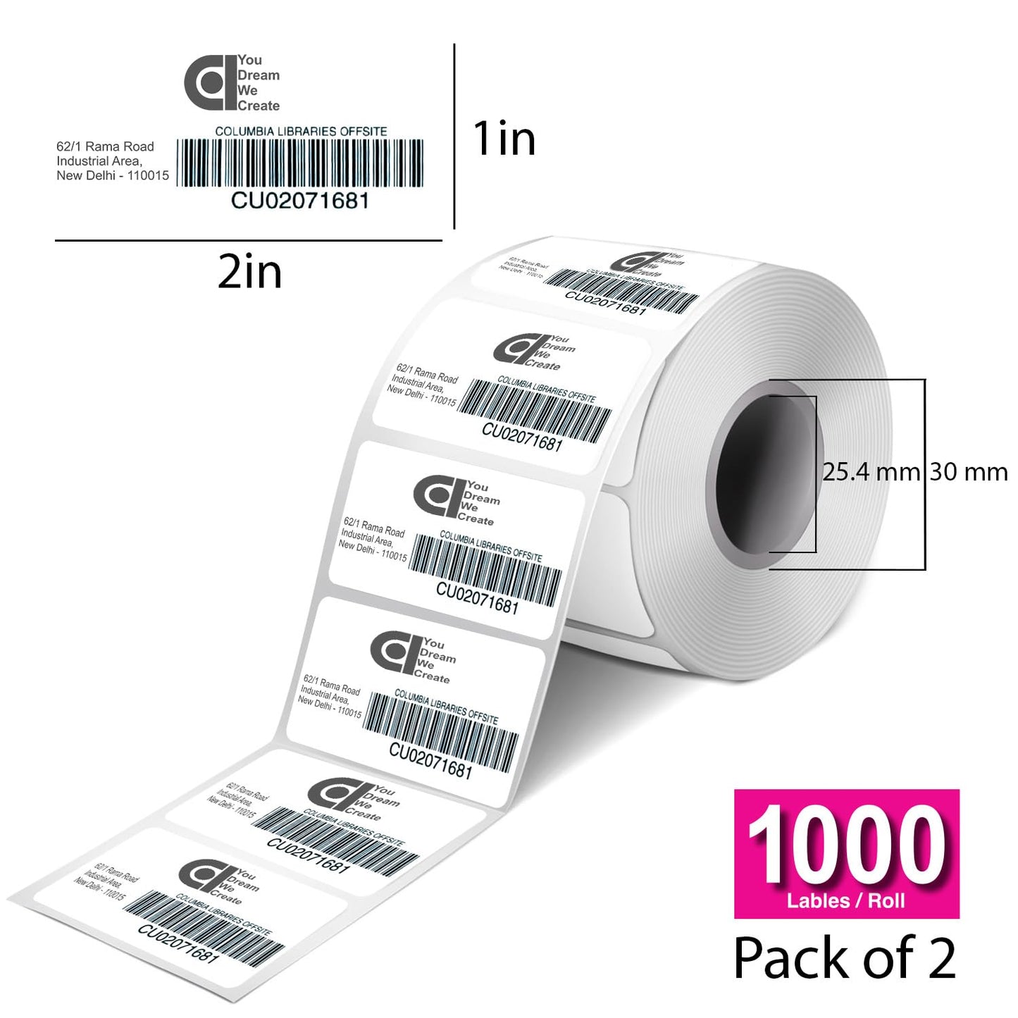 70gsm Thermal Label Printer Paper - 2" x 1" (50 x 25 mm)| 1000 Labels per Roll (Pack of 2)