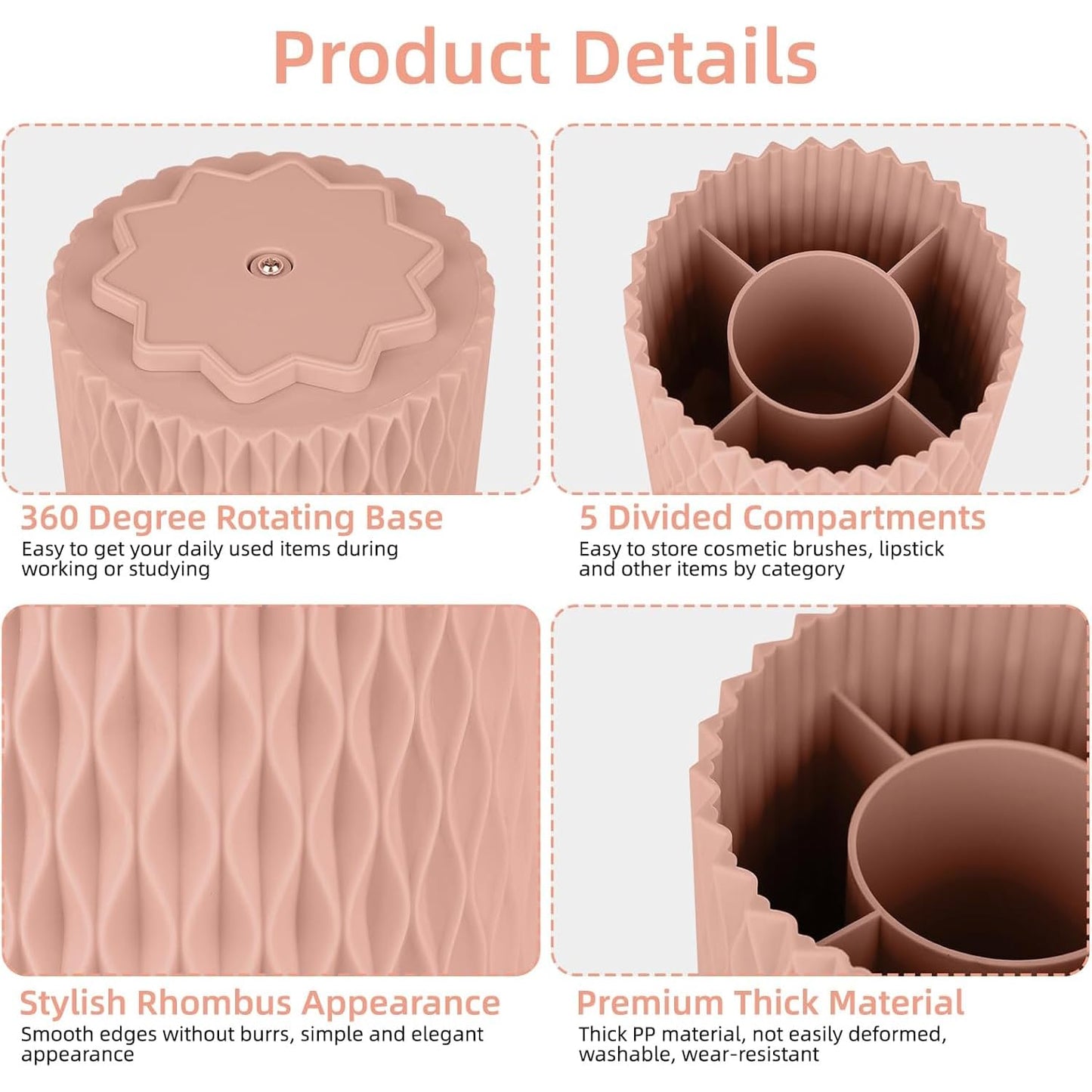 Pink Pen Holder for Desk, 360 Degree Rotating Desk Organizer with 5 Compartments, Pen Pencil Makeup Brush Holder, Cosmetics Lipsticks Pen Organizer for Home Office School