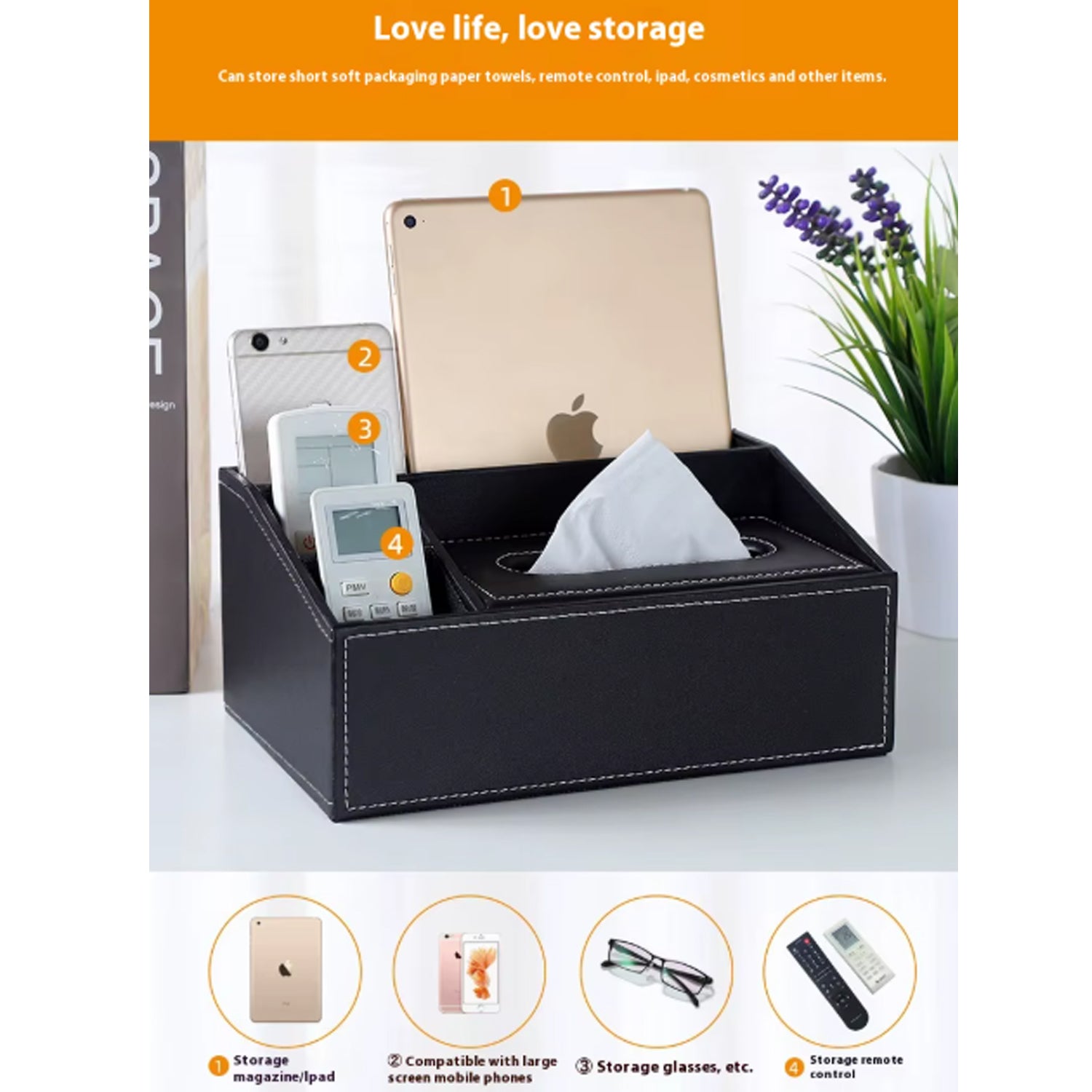 Multifunctional Tissue Box Holder with Stationery , Remote Control Box - Stylish and elegant Home, Office Napkin Desktop Holder , Desk Storage( Black)