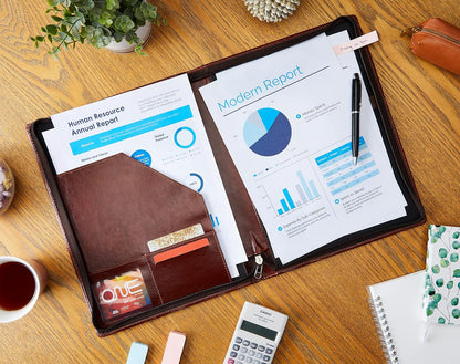 Executive Brown File Document Holder with Multiple Pockets and Zip Closure
