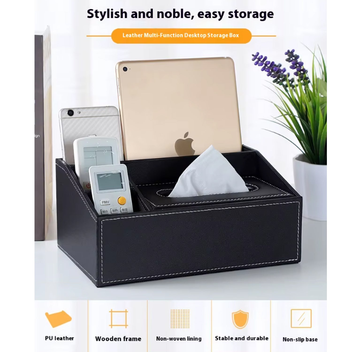 Multifunctional Tissue Box Holder with Stationery , Remote Control Box - Stylish and elegant Home, Office Napkin Desktop Holder , Desk Storage( Black)
