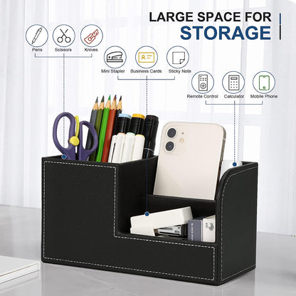 Black Faux Leather Desk Supplies Organizer, Multi-Functional Pen, Pencil Desktop Stationery Organiser, Home, Office, Work, Storage Box…