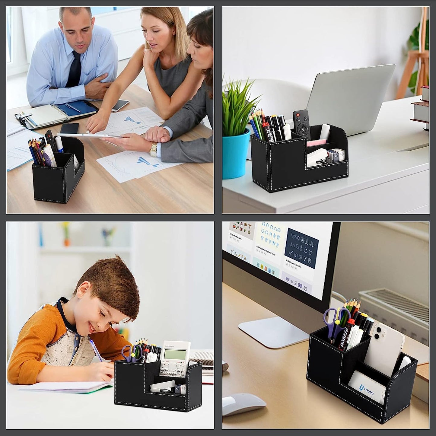 Black Faux Leather Desk Supplies Organizer, Multi-Functional Pen, Pencil Desktop Stationery Organiser, Home, Office, Work, Storage Box…