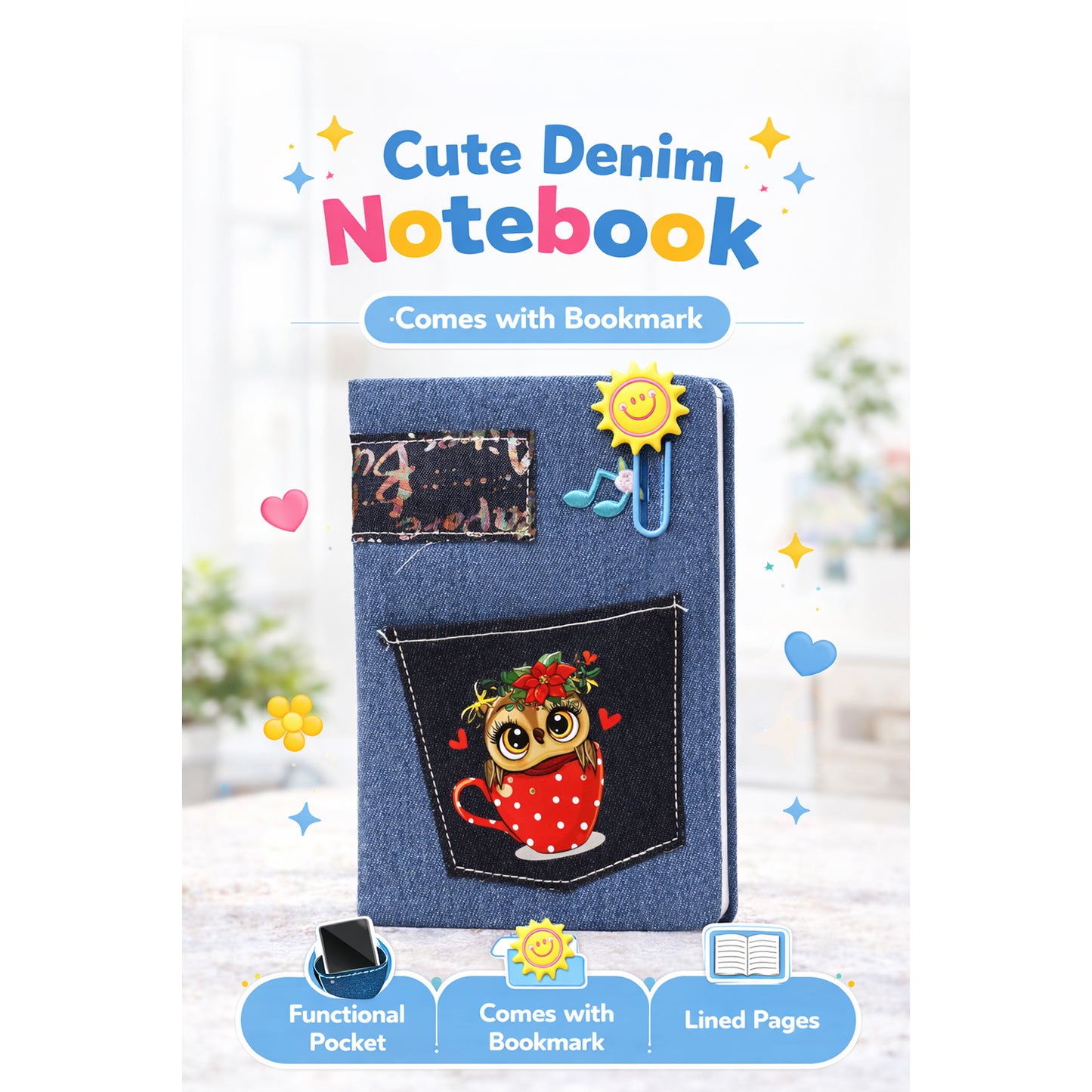 A5 Denim Diary with Front Pocket & Cute Bookmark | Hardbound Ruled Notebook 156 Pages 70 GSM Bleed Free Paper | Fabric Cover Journal for Writing, Notes | Gift for Men Women | Office Travel Diary